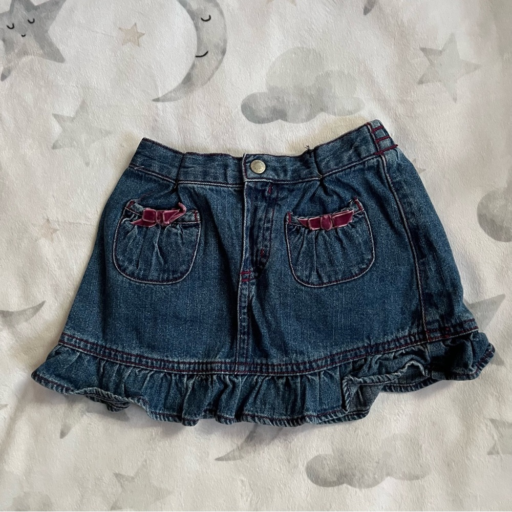 Vintage Faded Glory Denim Skirt with Ruffle Hem and Pink Accents - Sized 24M